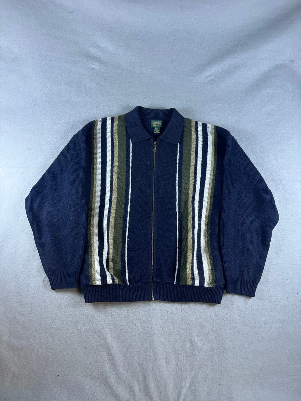 Vintage Scandia Woods Cardigan Mens L Blue Green Full Zip Collar Striped Sweater
